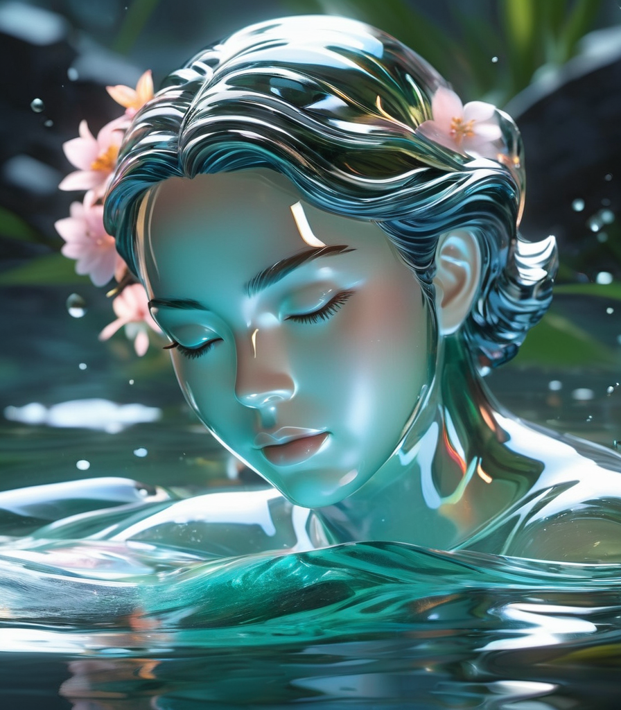close up glasssculpture of a woman bathing in a river, translucent, transparent, reflections. cgsociety masterpiece, flowe...
